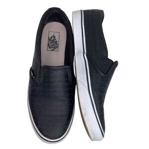 Vans Black Leather Laser Cut Slip On Women’s Skater Sneaker Shoes Size 8.5